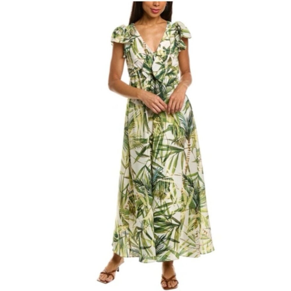 Taylor Green White Floral Palms Maxi Dress Short Sleeve Flowy 22W NWT
